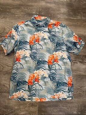 Tommy Bahama Men's Large Tall Silk Blue and Orange Floral Hawaiian Shirt
